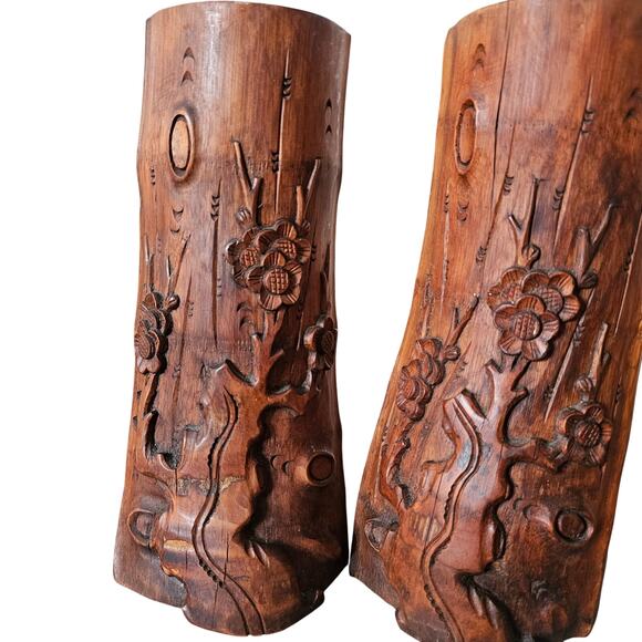 Asian Bamboo Wood Carved Cherry Blossoms Planters/ Candle Holders/ Vase - Picture 4 of 13